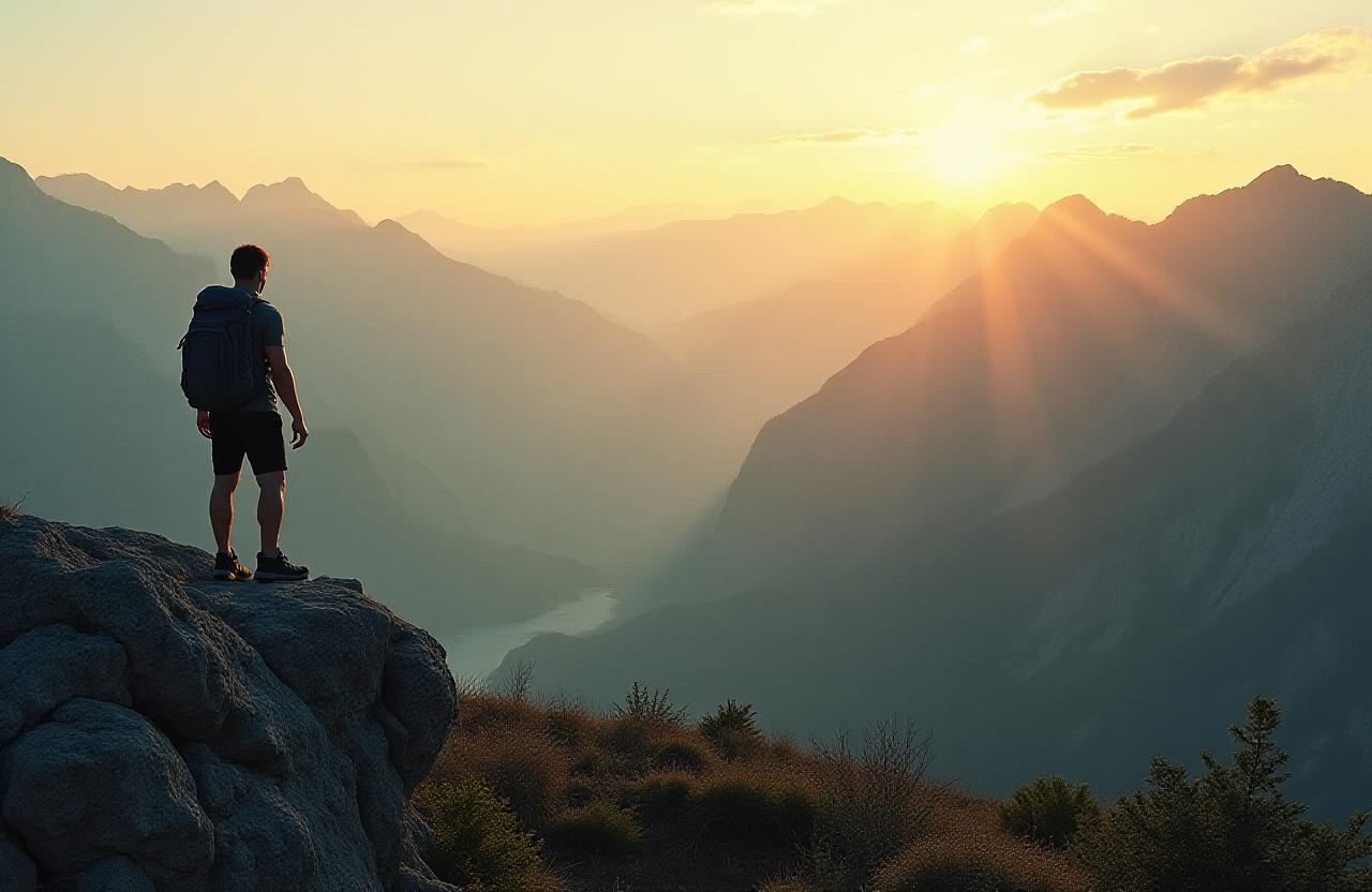 Hiker looking out over a mountain range